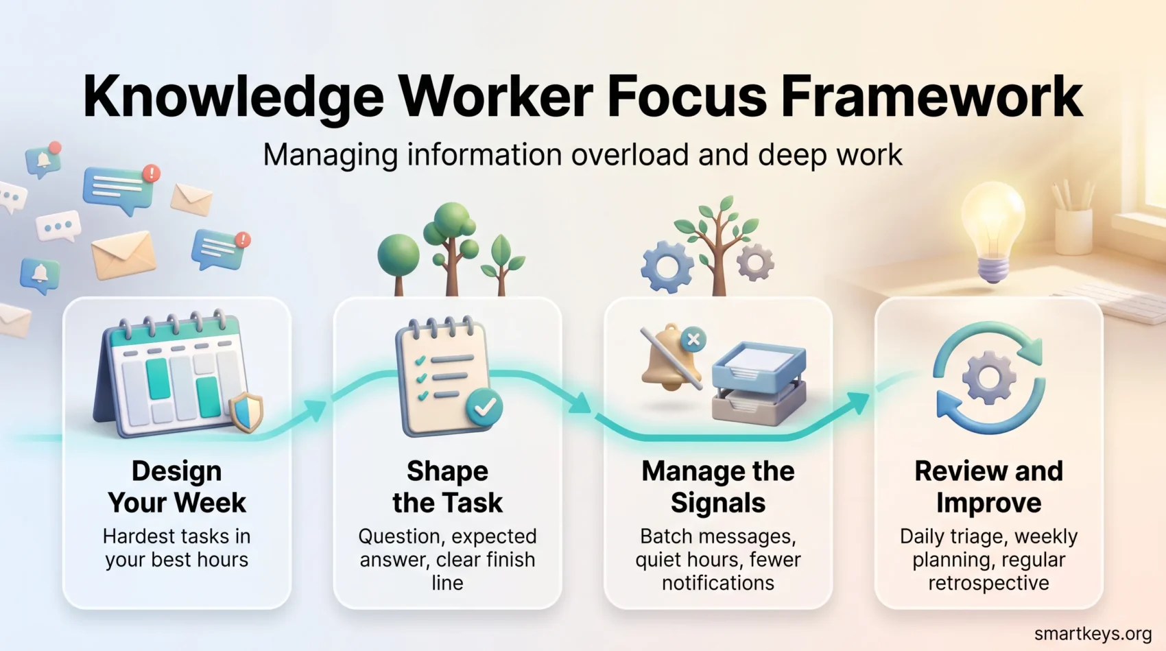 Knowledge worker focus framework infographic showing four steps: design your week, shape the task, manage the signals, and review and improve.