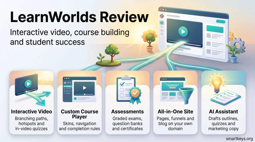LearnWorlds review infographic showing five strengths: interactive video, custom course player, assessments, all-in-one site builder and AI Assistant.