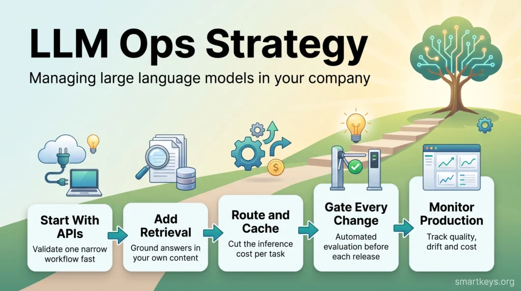 LLM ops strategy infographic: five steps from hosted APIs and retrieval to routing and caching, evaluation gates and production monitoring.