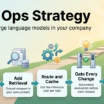 LLM ops strategy infographic: five steps from hosted APIs and retrieval to routing and caching, evaluation gates and production monitoring.