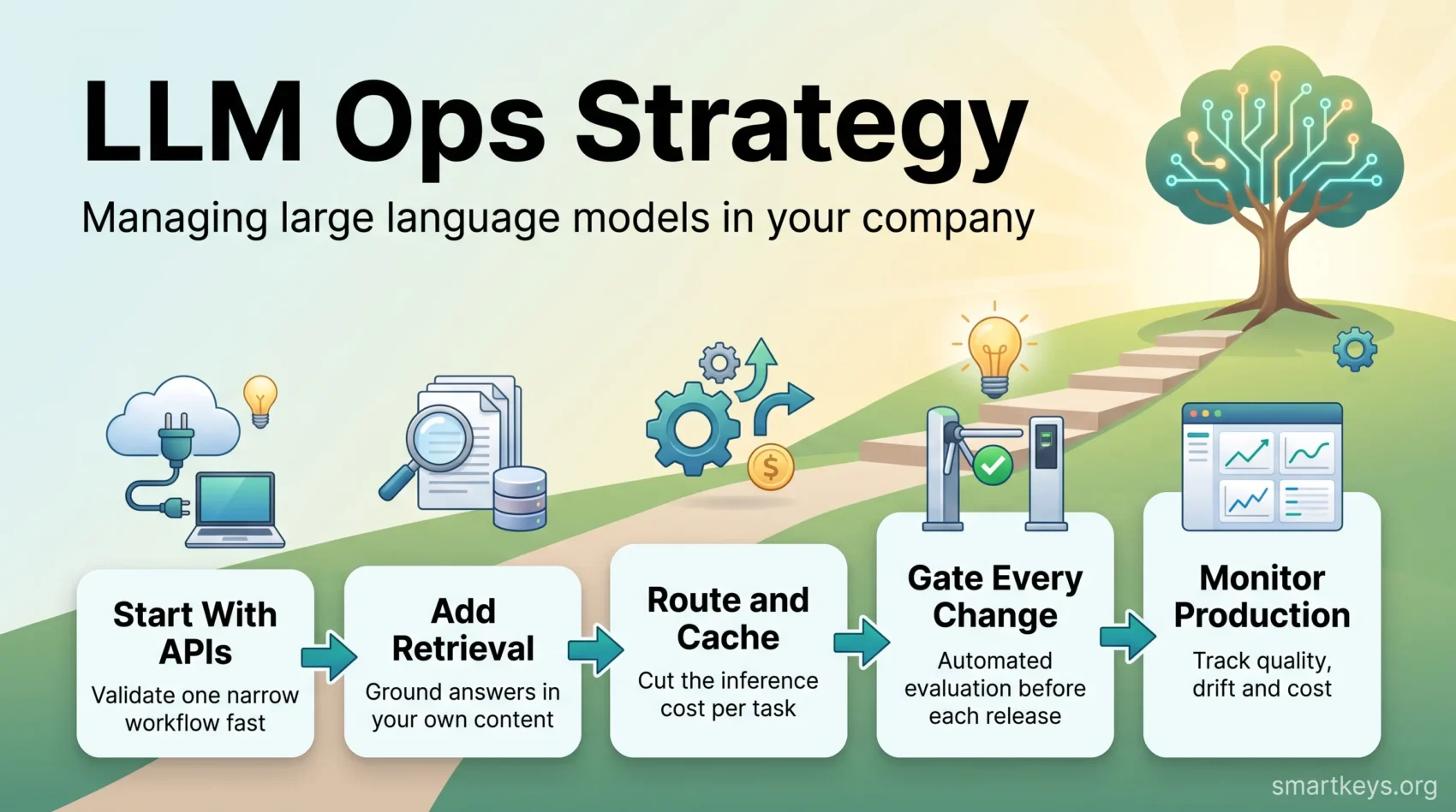 LLM ops strategy infographic: five steps from hosted APIs and retrieval to routing and caching, evaluation gates and production monitoring.