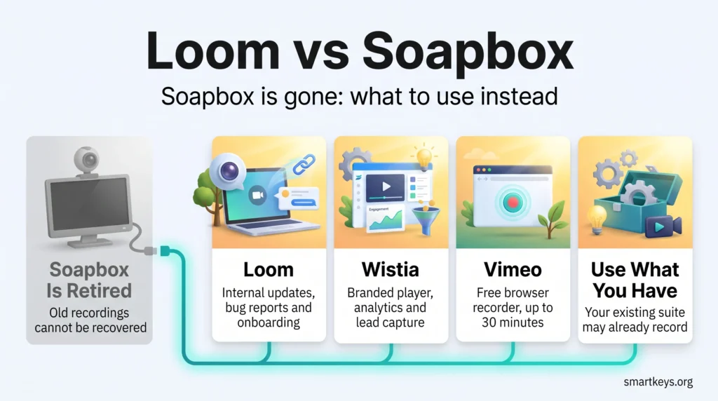 Infographic on Loom vs Soapbox: a retired Soapbox recorder leads to four options, Loom, Wistia, Vimeo and your existing tools, for video messaging.