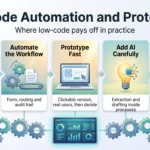 Low-Code Business Process Automation and Rapid Prototyping in 2026 Infographic on low-code business process automation and prototyping: pick the right process, automate workflows, prototype fast, add AI and govern apps.