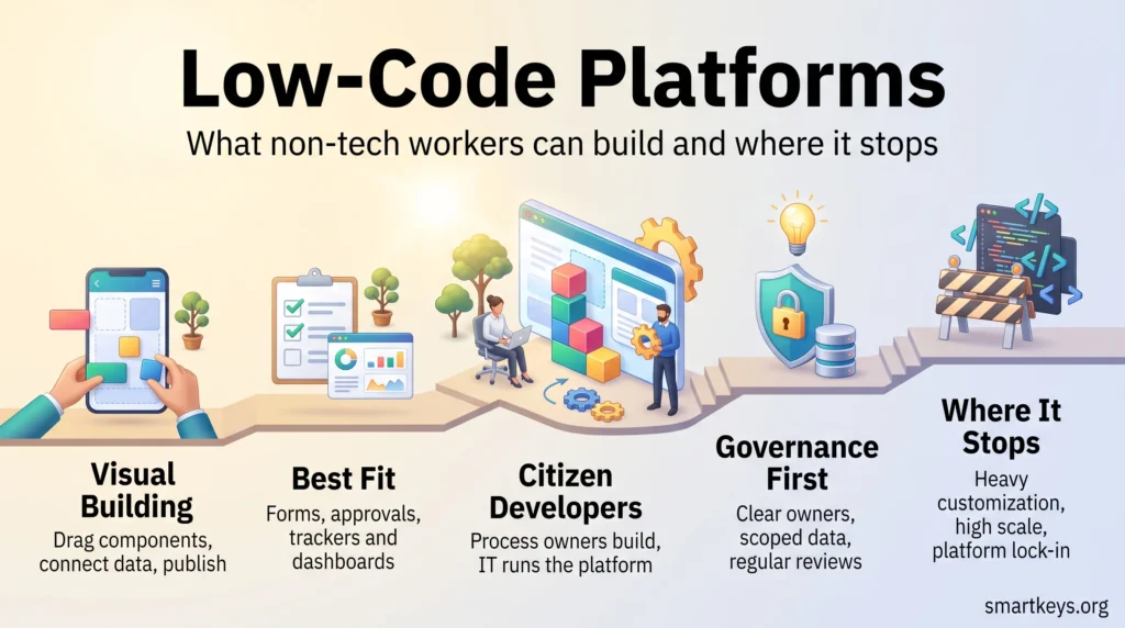 Infographic on low-code platforms: visual building, best-fit internal apps, citizen developers, governance first and where low-code stops.