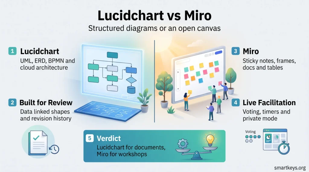 Lucidchart vs Miro infographic: structured, reviewable diagrams on one side, an open sticky note canvas for live workshops on the other.