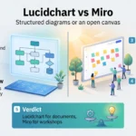 Lucidchart vs Miro 2026: Pricing, Features and Verdict Lucidchart vs Miro infographic: structured, reviewable diagrams on one side, an open sticky note canvas for live workshops on the other.