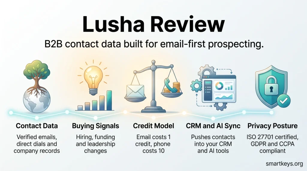 Lusha review infographic showing B2B contact data, buying signals, the email versus phone credit model, CRM and AI sync, and privacy compliance.