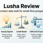 Lusha review infographic showing B2B contact data, buying signals, the email versus phone credit model, CRM and AI sync, and privacy compliance.