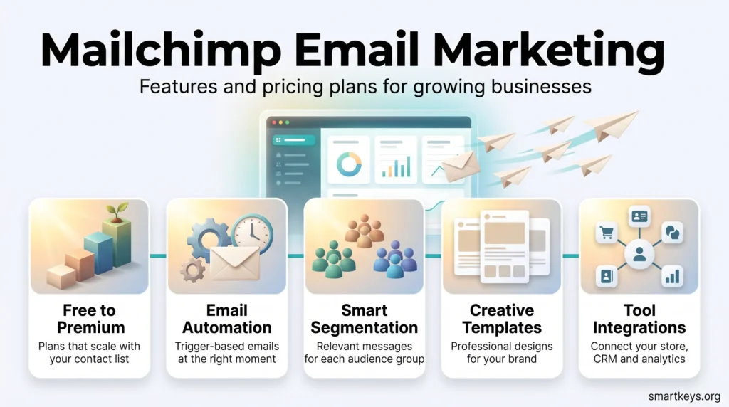 Mailchimp email marketing infographic showing plans from Free to Premium, email automation, segmentation, creative templates and tool integrations.