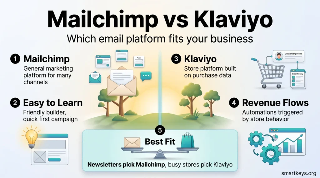 Infographic comparing Mailchimp vs Klaviyo: an easy general marketing platform versus a store platform with purchase-based revenue flows.