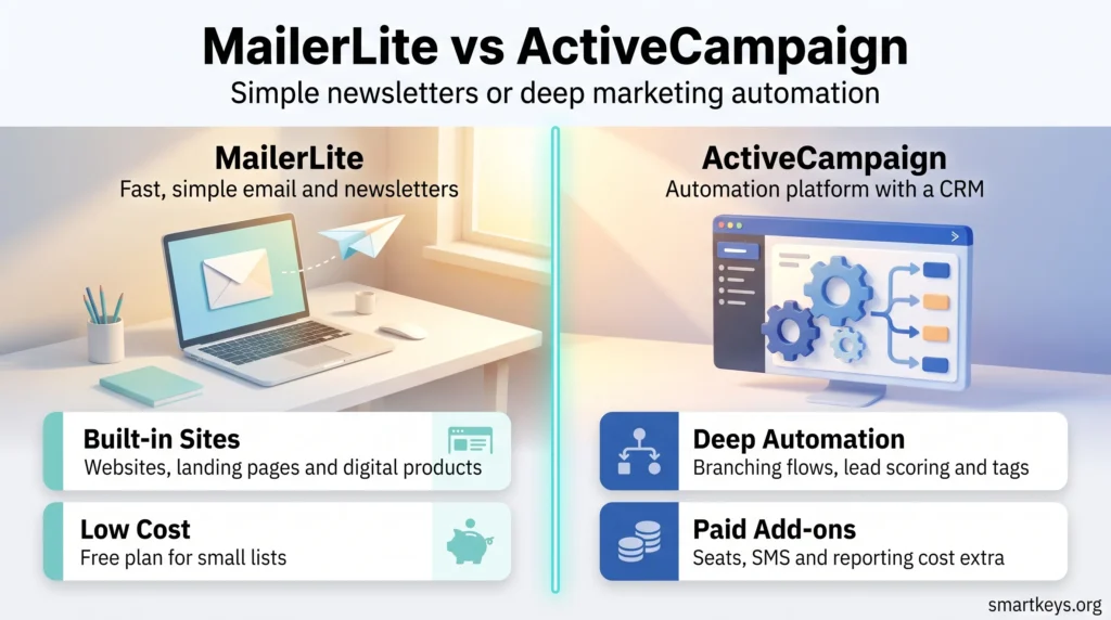 MailerLite vs ActiveCampaign infographic comparing simple, low cost newsletters and built-in sites with deep automation, lead scoring and paid add-ons.