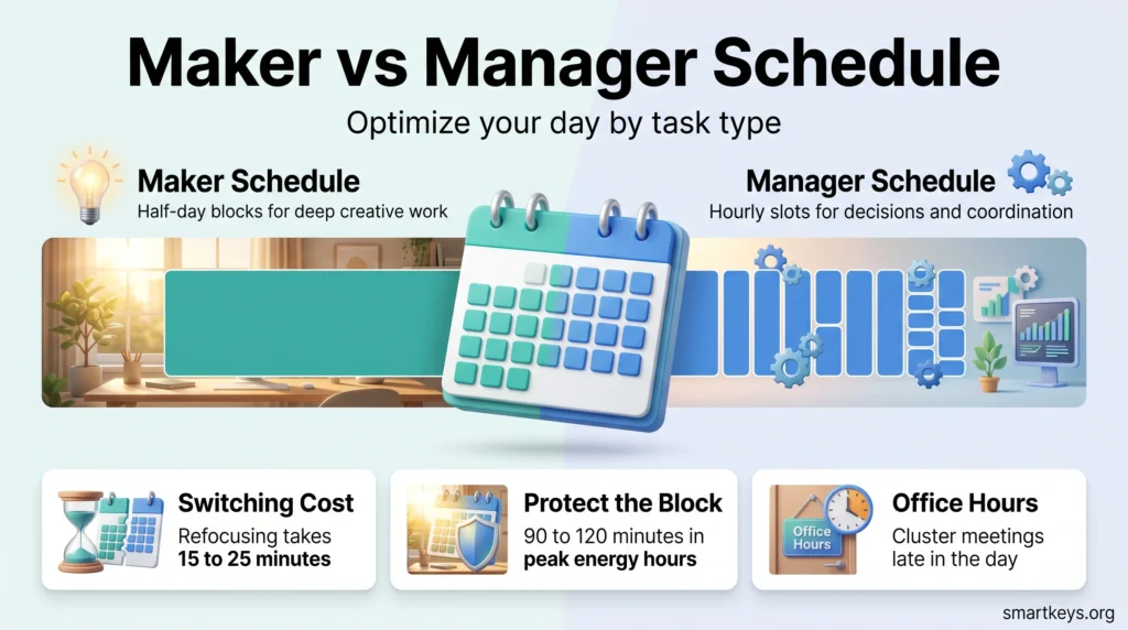 Infographic comparing the maker vs manager schedule: long focus blocks versus hourly slots, switching costs, protected deep work and office hours.
