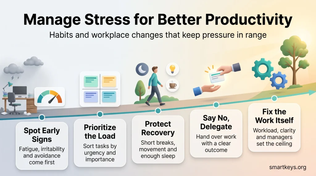 Infographic on stress management at work: spot early signs, prioritize the load, protect recovery, delegate and fix the work itself for better productivity.