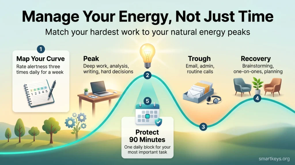 Infographic on energy management showing a daily energy curve with peak, trough and recovery windows and a protected 90-minute deep work block.