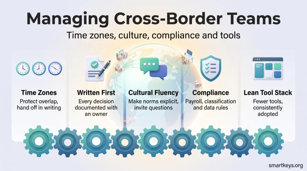 Infographic on managing cross-border teams: five pillars covering time zones, written-first communication, cultural fluency, compliance and a lean tool stack.