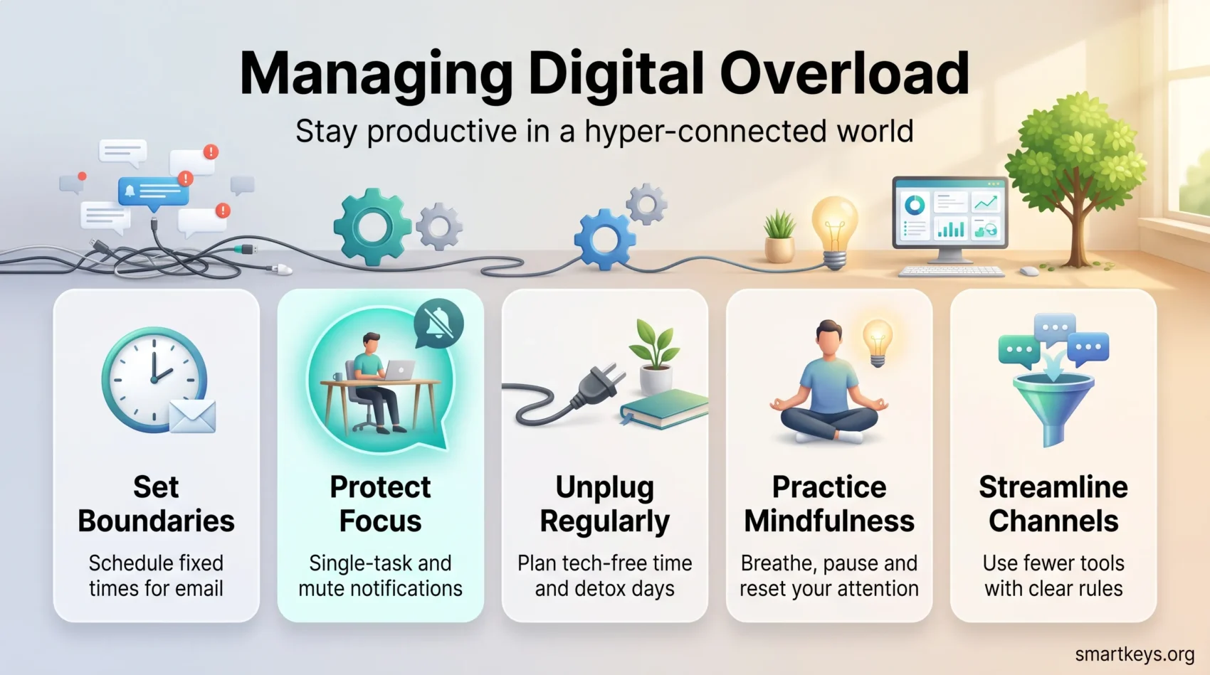 Infographic on managing digital overload: set boundaries, protect focus, unplug regularly, practice mindfulness and streamline communication channels.