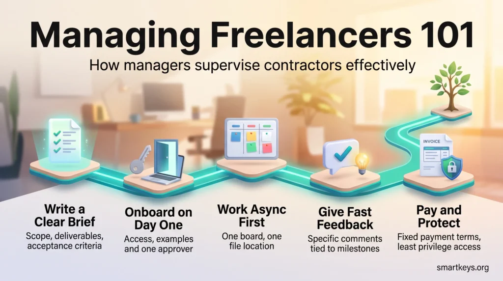 Managing freelancers infographic showing five steps: write a clear brief, onboard on day one, work async first, give fast feedback, pay and protect.