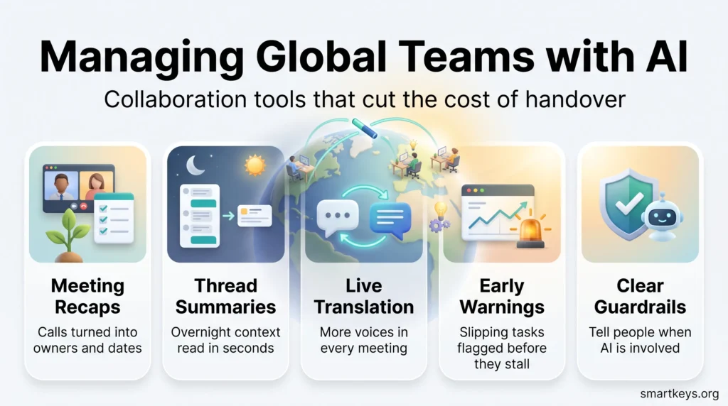 Infographic on AI collaboration tools for global teams: meeting recaps, thread summaries, live translation, early warnings and clear guardrails.