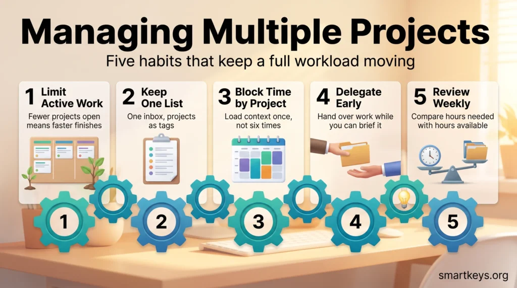 Infographic on managing multiple projects: limit active work, keep one list, block time by project, delegate early and review weekly.