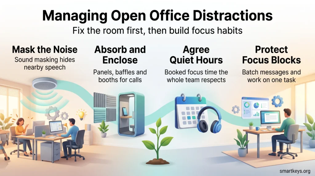 Infographic on managing open office distractions: sound masking, acoustic panels and booths, agreed quiet hours and protected focus blocks.