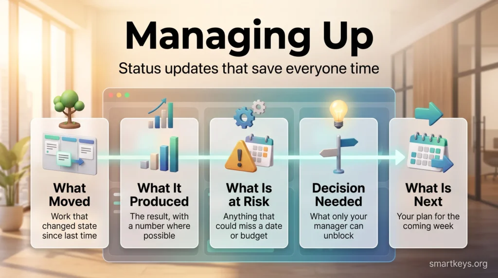 Infographic of the five parts of a status update: what moved, what it produced, risks, decisions needed, next steps