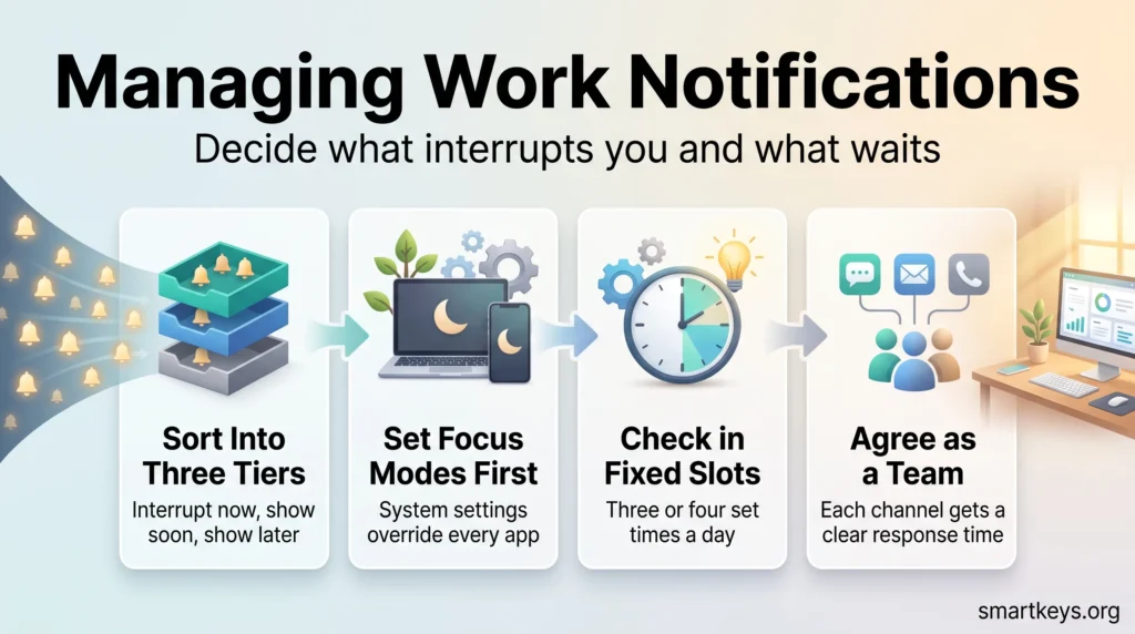 Infographic on managing work notifications in four steps: sort alerts into three tiers, set focus modes, check messages in fixed slots and agree team rules.