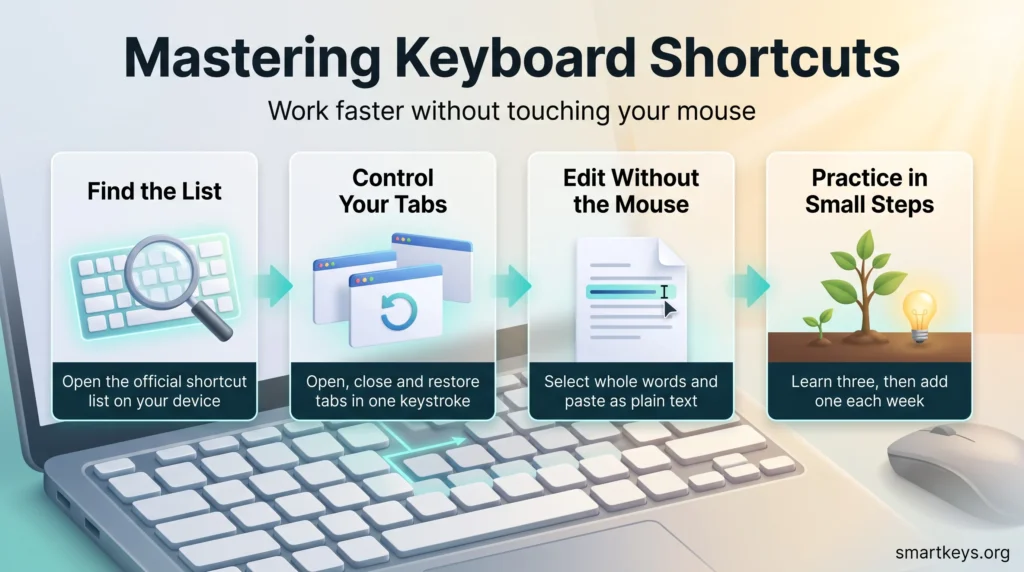 Keyboard shortcuts infographic showing four steps over a laptop keyboard: find the official list, control your tabs, edit without the mouse and practice in small steps.