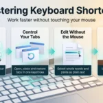 Mastering Keyboard Shortcuts: Work Faster Without Touching Your Mouse Keyboard shortcuts infographic showing four steps over a laptop keyboard: find the official list, control your tabs, edit without the mouse and practice in small steps.