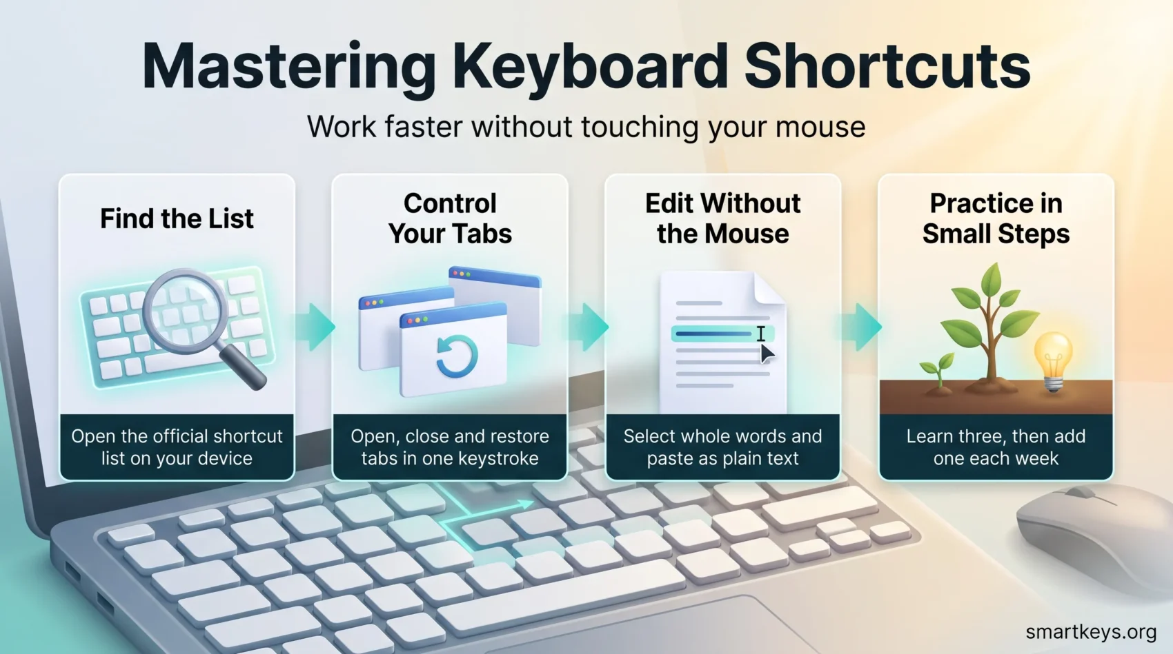 Keyboard shortcuts infographic showing four steps over a laptop keyboard: find the official list, control your tabs, edit without the mouse and practice in small steps.