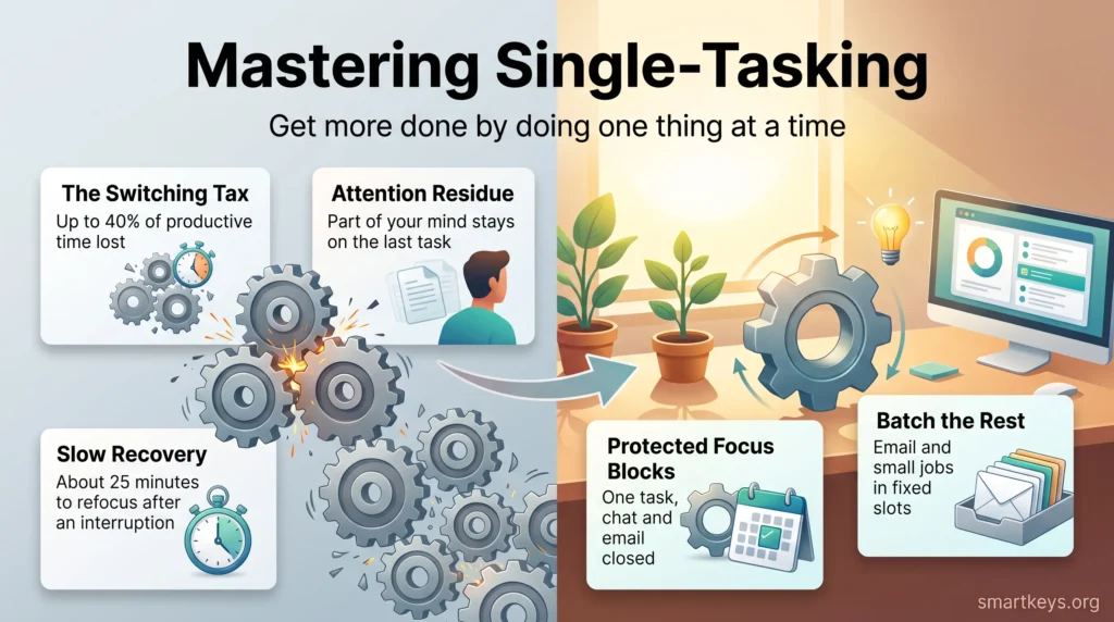 Infographic on single-tasking: jammed gears show the costs of task switching, attention residue and slow recovery, with focus blocks and batching as the fix.