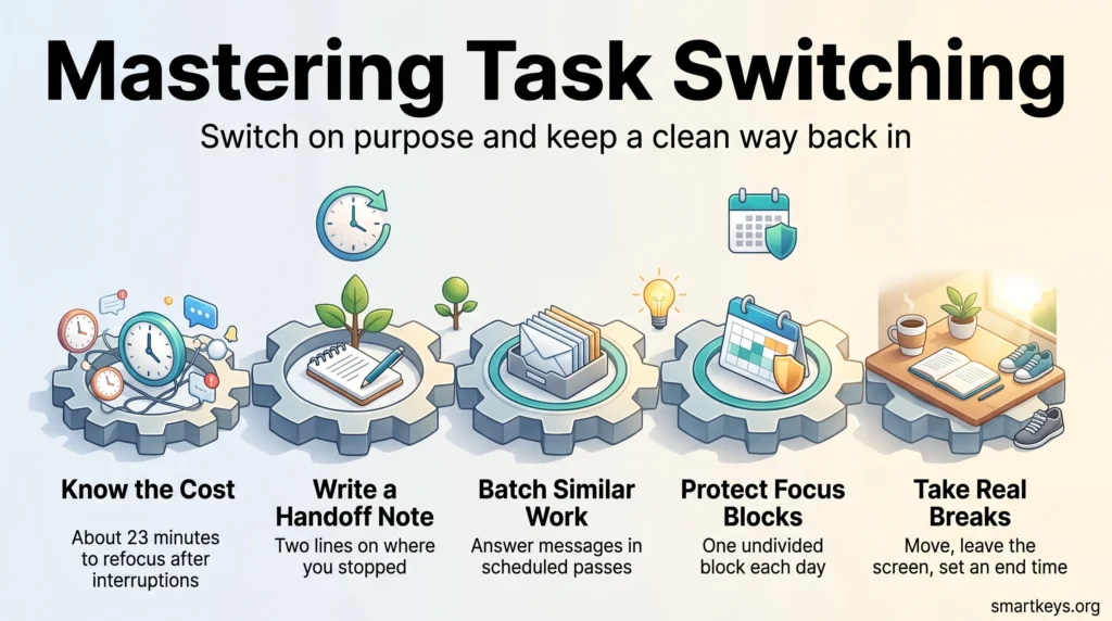 Infographic on task switching: a chain of gears showing the refocus cost of interruptions and four habits, from handoff notes to focus blocks and breaks.