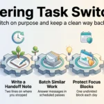Infographic on task switching: a chain of gears showing the refocus cost of interruptions and four habits, from handoff notes to focus blocks and breaks.