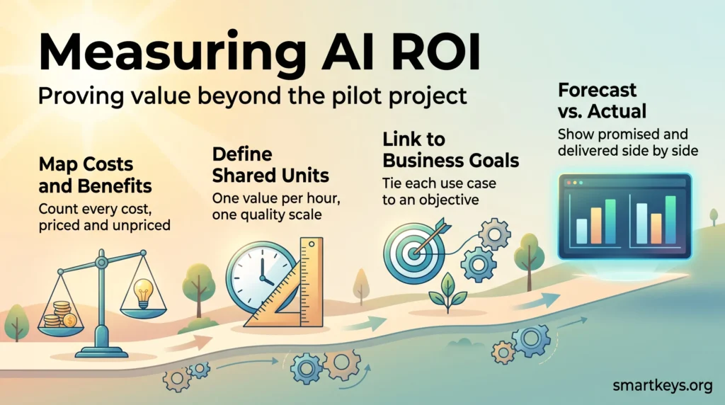 Infographic on measuring AI ROI: a four step framework from mapping costs and benefits to comparing forecast against actual results.