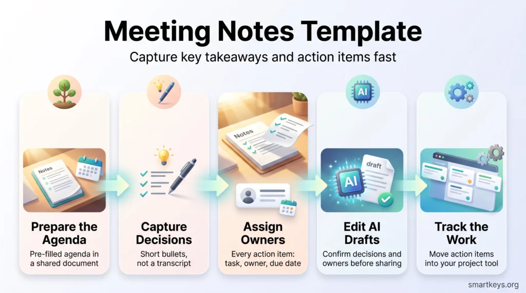 Infographic showing a meeting notes template workflow: prepare the agenda, capture decisions, assign owners, edit AI drafts and track action items.