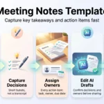 Infographic showing a meeting notes template workflow: prepare the agenda, capture decisions, assign owners, edit AI drafts and track action items.
