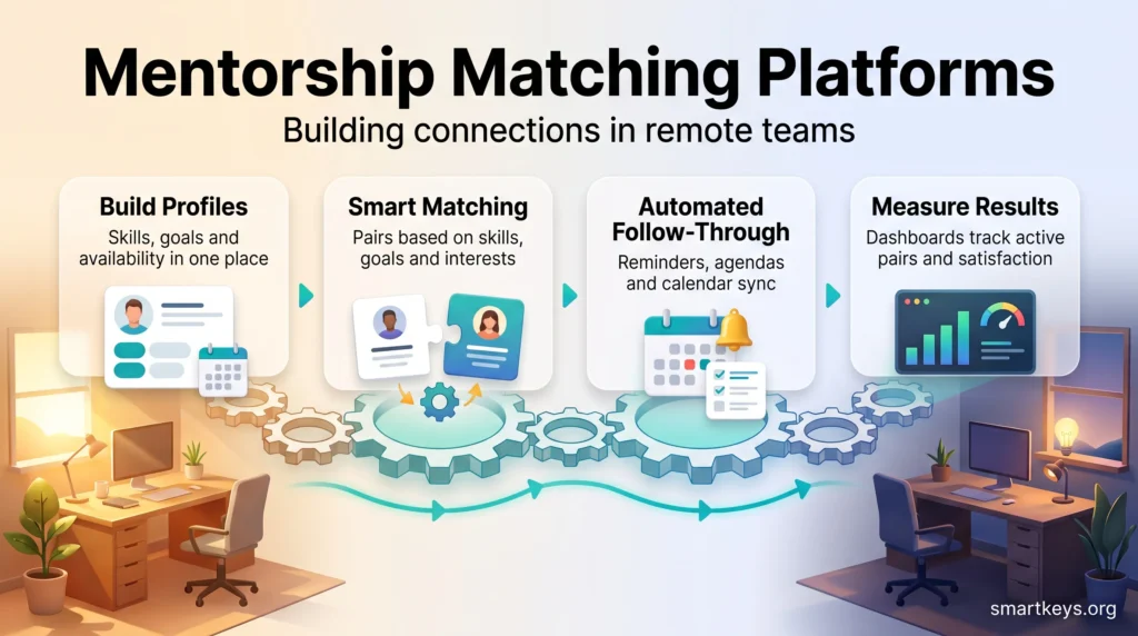 Infographic showing how mentorship matching platforms connect remote teams: build profiles, smart matching, automated follow-through and measuring results.
