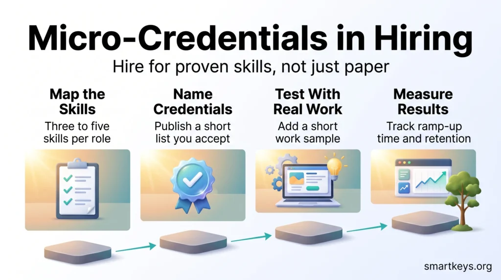 Micro-credentials in hiring infographic: map the skills, name accepted credentials, test with a real work sample, then track ramp-up time and retention.