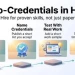 Micro-Credentials in Hiring: Redefining Qualifications for New Jobs Micro-credentials in hiring infographic: map the skills, name accepted credentials, test with a real work sample, then track ramp-up time and retention.