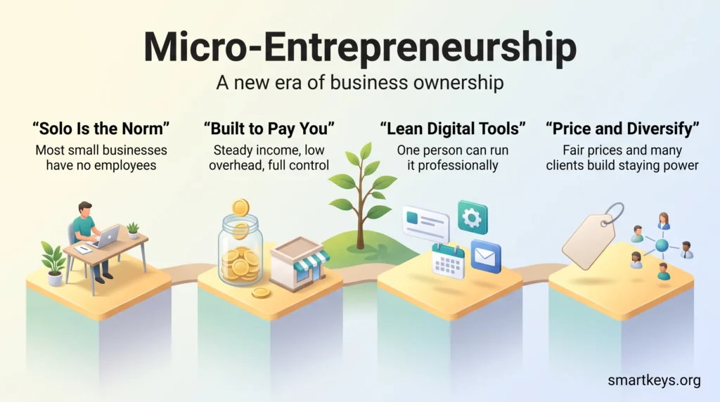 Micro-entrepreneurship infographic showing four steps: solo ownership as the norm, a business built to pay its owner, lean digital tools and diversified clients.