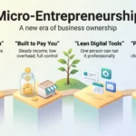 Micro-Entrepreneurship in 2026: A New Era of Business Ownership Micro-entrepreneurship infographic showing four steps: solo ownership as the norm, a business built to pay its owner, lean digital tools and diversified clients.