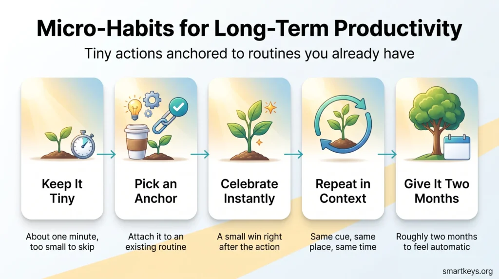 Infographic on micro-habits for productivity: five steps from keeping habits tiny and anchoring them to routines to repeating them for about two months.