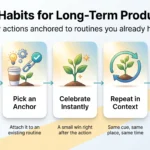 Using Micro-Habits to Boost Long-Term Productivity Infographic on micro-habits for productivity: five steps from keeping habits tiny and anchoring them to routines to repeating them for about two months.