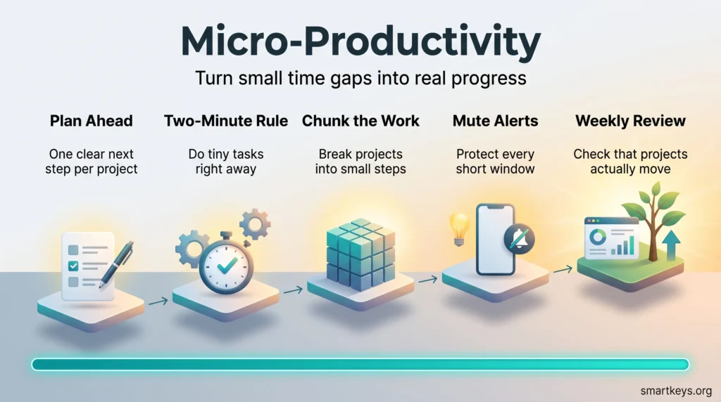 Micro-productivity infographic showing five steps for using small time gaps: plan ahead, the two-minute rule, chunk the work, mute alerts and a weekly review.