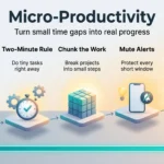 Micro-Productivity: Making the Most of Small Time Gaps in Your Day Micro-productivity infographic showing five steps for using small time gaps: plan ahead, the two-minute rule, chunk the work, mute alerts and a weekly review.