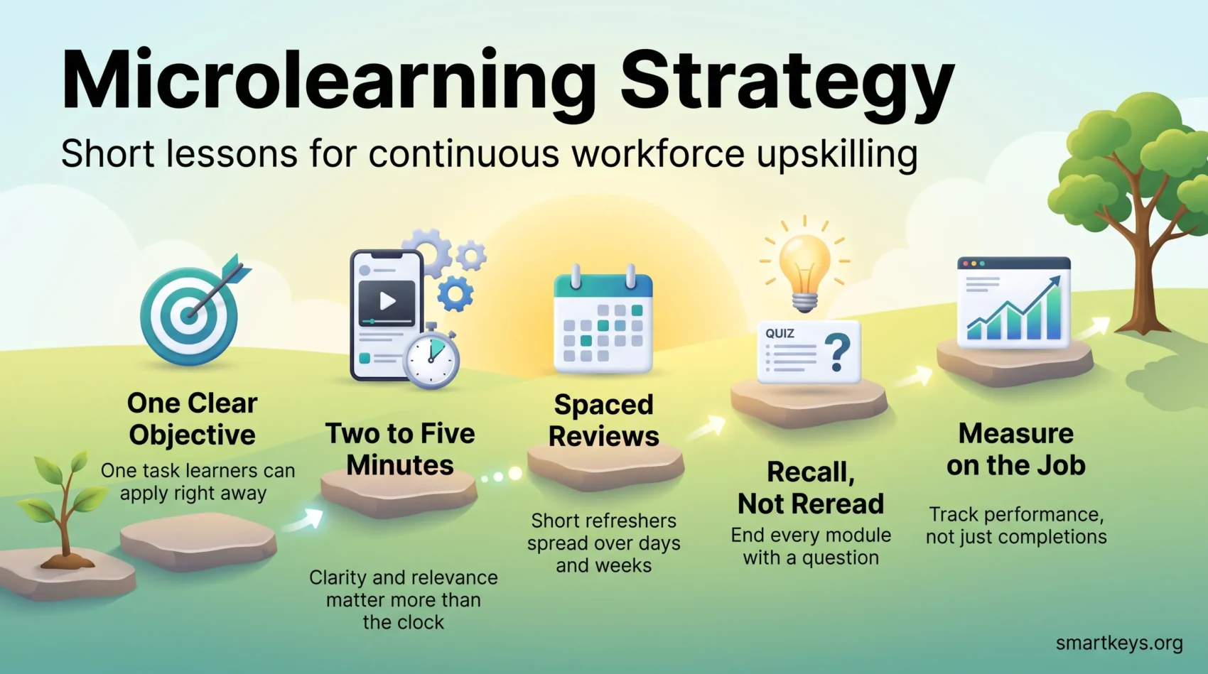 Infographic on microlearning strategy: one clear objective, short modules, spaced reviews, recall practice and measuring results on the job.