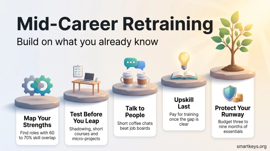 Mid-career retraining infographic showing five steps: map your strengths, test before you leap, talk to people, upskill last and protect your runway.
