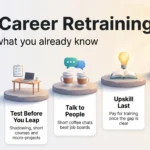 Mid-career retraining infographic showing five steps: map your strengths, test before you leap, talk to people, upskill last and protect your runway.
