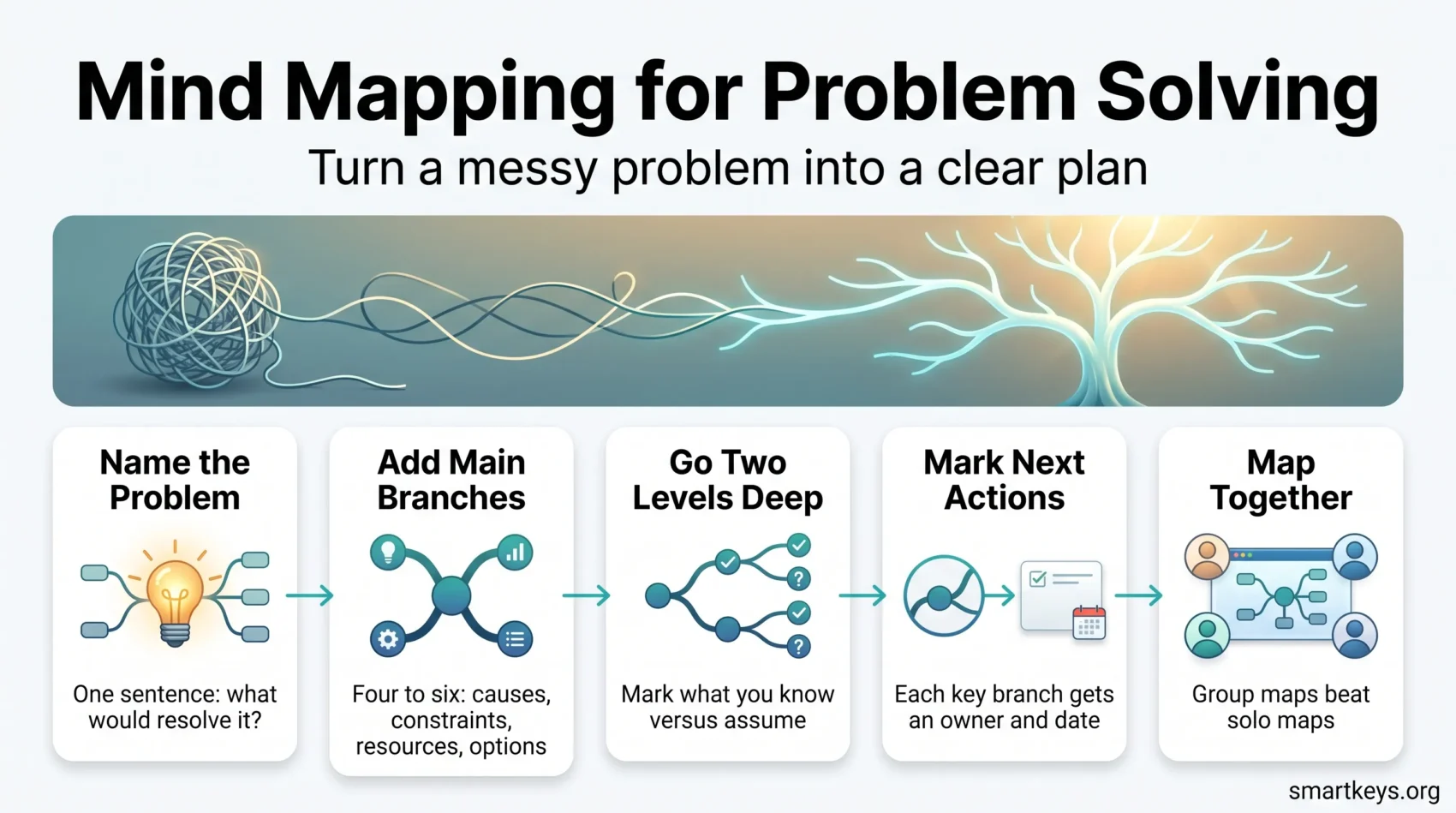 Mind mapping for problem solving infographic: name the problem, add main branches, go two levels deep, mark next actions and map together as a team.