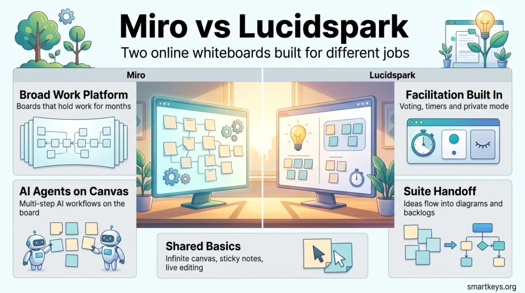 Miro vs Lucidspark infographic comparing a broad work platform with AI agents against built-in facilitation and suite handoff, plus shared whiteboard basics.