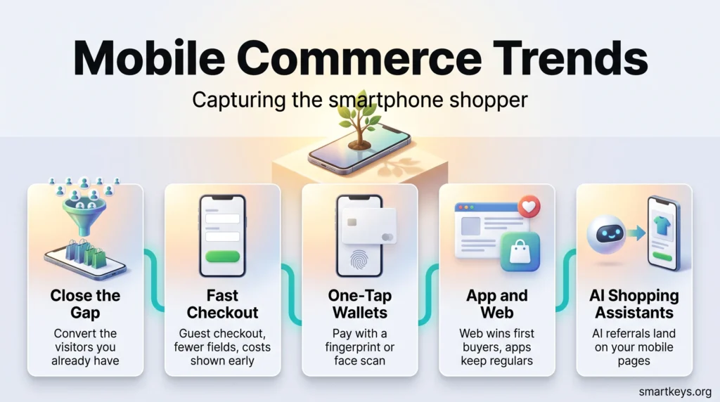Mobile commerce trends infographic: five cards on closing the traffic gap, fast checkout, one-tap wallets, app and web roles, and AI shopping assistants.